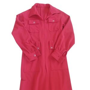 Vintage 1970s Handmade Zip Up Jumpsuit Wide Leg Ultra Tall Funky Disco Solid Red